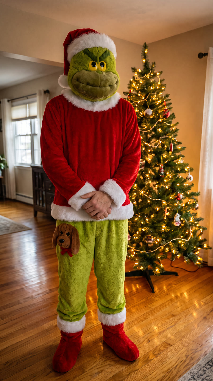 Silly Grump Santa Plush Onesie worn by the Christmas tree