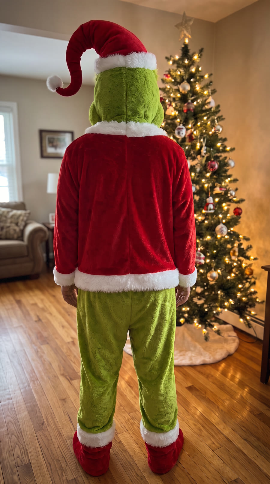 Back view of the Silly Grump Santa Plush Onesie with droopy hat